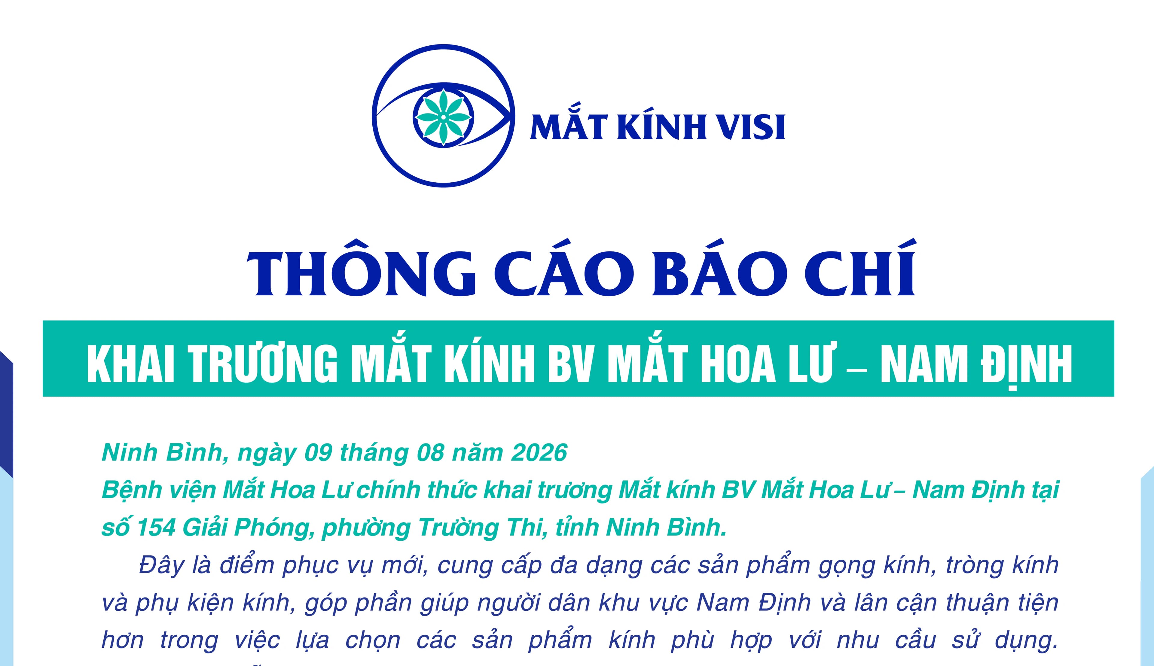 THÔNG CÁO BÁO CHÍ VỀ VIỆC KHAI TRƯƠNG MẮT KÍNH BV MẮT HOA LƯ – NAM ĐỊNH